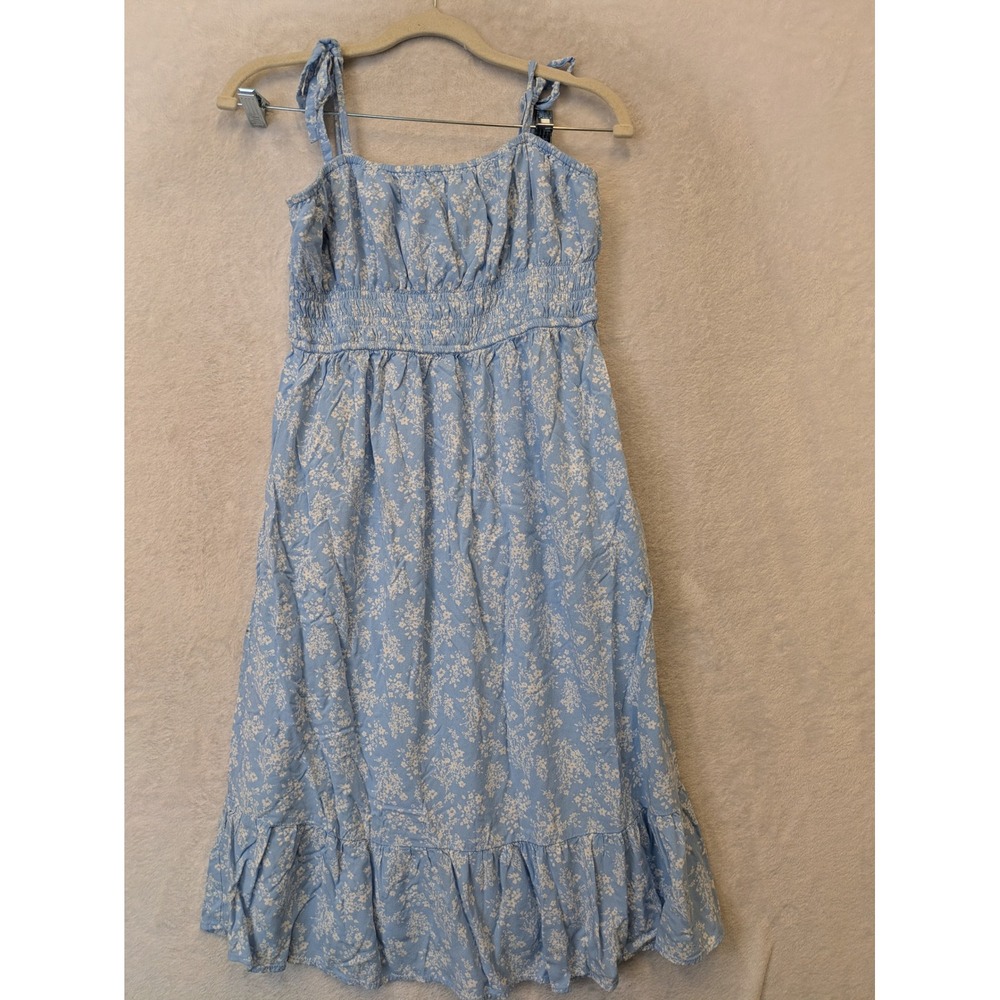 RSO Blue Floral Smocked Midi Dress Womens Medium Tie Strap Ruffle Hem‎ Pockets